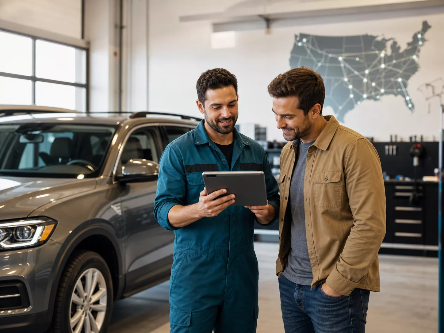 Vehicle owner reviewing repair information with an automotive professional